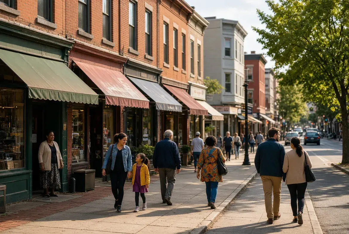 Neighbors walking past small shops on a sunny city street
