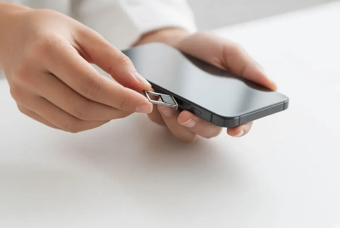 Inserting a SIM card tray into the side of a smartphone