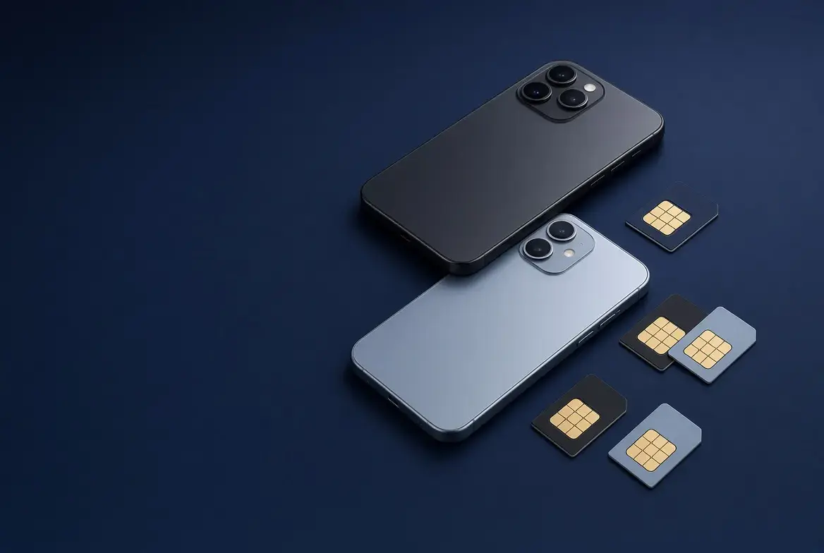 Two smartphones and several prepaid SIM cards on a navy background