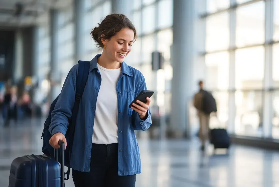 Traveler with a suitcase checking a phone in an airport terminal